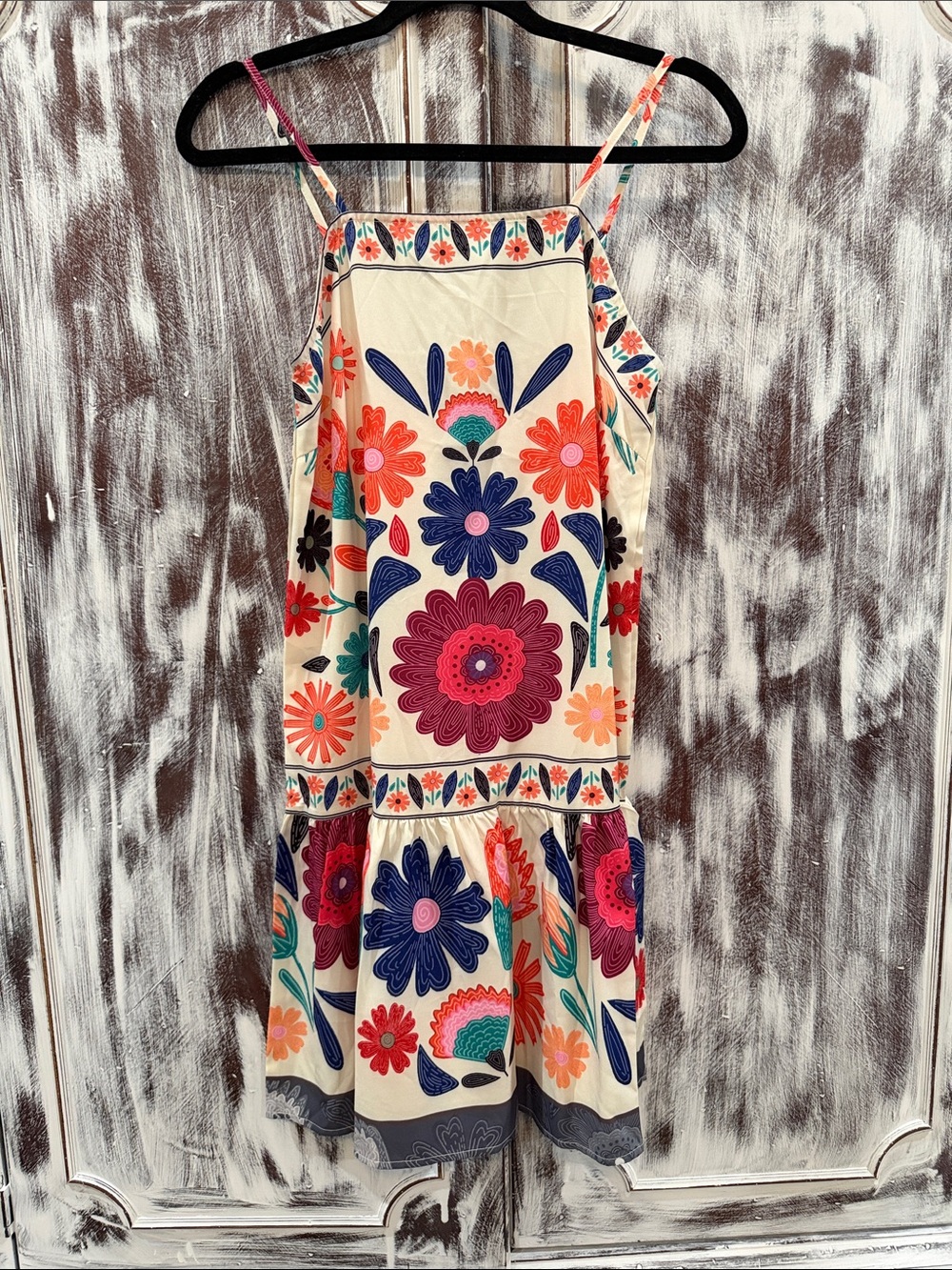 Cream Floral Sundress with Multi-Color Embroidered Print
